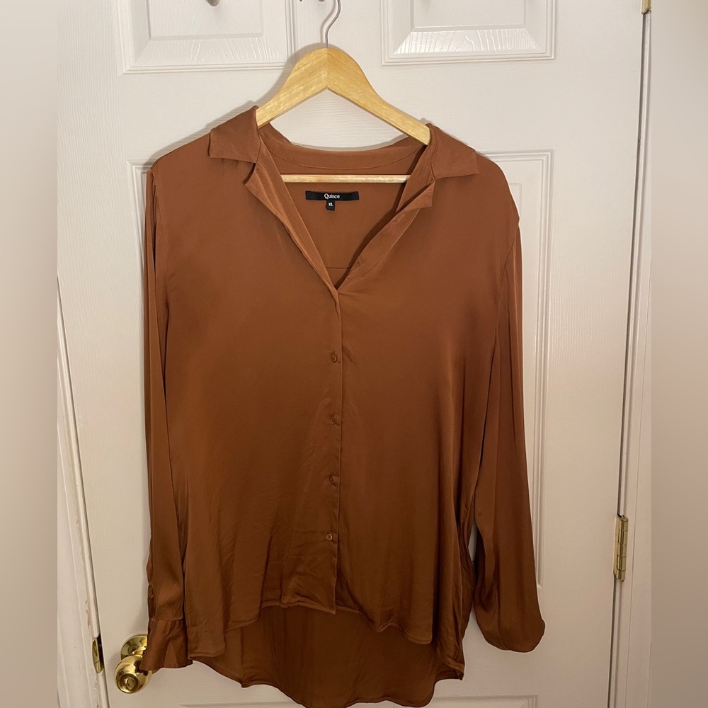 Quince Washable Stretch Silk Blouse in Copper Brown